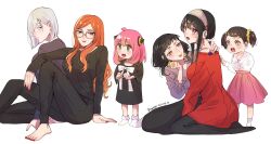 anya_(spy_x_family) becky_blackbell black_hair blush breasts closed_mouth colored_eyelashes dress earrings fiona_frost hair_over_one_eye hairband hairpods highres jewelry large_breasts long_hair looking_at_viewer melinda_desmond multiple_girls open_mouth pink_hair red_eyes short_hair smile spy_x_family sweater sylvia_sherwood umini_ikukara white_hair yor_briar yuri