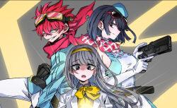 1boy 2girls bandana bandana_around_neck bare_shoulders black_eyes black_hair breasts cowboy_shot digimon digimon_story:_time_stranger digitama dress egg eyewear_on_head glowing goggles goggles_on_head green_hat green_jacket grey_background grey_eyes grey_hair grey_shirt group_picture gun hat holding holding_gun holding_weapon jacket large_breasts long_hair misono_inori multiple_girls red_bandana red_hair shirt short_dress short_hair simple_background sin_seishun sleeveless sleeveless_dress trigger_discipline two-tone_dress weapon white_dress white_jacket white_shirt yellow_eyes yuuki_dan yuuki_kanan