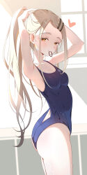 1girl absurdres arms_up ass back_cutout bare_legs blonde_hair blue_one-piece_swimsuit blush breasts clothing_cutout colored_eyelashes gakuen_idolmaster gradient_hair grey_hair hair_tie hair_tie_in_mouth heart highres idolmaster indoors long_hair looking_at_viewer mouth_hold multicolored_hair one-piece_swimsuit orange_eyes ponytail school_swimsuit shinosawa_hiro sikimosh small_breasts smile solo swimsuit tying_hair very_long_hair