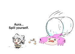 2girls :3 =_= aura_(sousou_no_frieren) balance_scale capelet chibi chibi_only commentary dress duckmeat_woohoo elf english_commentary english_text frieren full_body glass grey_hair highres multiple_girls parted_bangs pointy_ears purple_hair simple_background sousou_no_frieren spill twintails variant_set weighing_scale white_background white_capelet white_dress