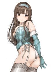 Rule 34 | 1girl, absurdres, ass, breasts, brown hair, choker, corset, elbow gloves, embroidered garter belt, embroidered legwear, frilled thighhighs, frills, garter belt, garter straps, gatsby ssl, gloves, hairband, highres, idolmaster, idolmaster cinderella girls, idolmaster cinderella girls starlight stage, large breasts, lingerie, long hair, mizumoto yukari, panties, side-tie panties, solo, thighhighs, underwear
