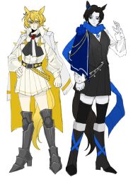 Rule 34 | 2girls, animal ears, ascot, belt, black ascot, black hair, black skirt, black vest, blonde hair, blue eyes, blue flower, blue rose, blue scarf, boots, demian (project moon), flower, full body, genderswap, genderswap (mtf), highres, horse ears, horse girl, horse tail, limbus company, long hair, long sleeves, multiple girls, n corp. fanatic (identity) (project moon), project moon, rose, scarf, shirt, short hair, simple background, sinclair (project moon), skirt, standing, tail, thighhighs, umamusume, vest, white background, white shirt, white skirt, yatielizi112131, yellow eyes