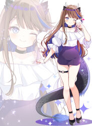 Rule 34 | 1girl, ;), airi kanna, bare shoulders, black choker, black shoes, blue eyes, blue hair, blush, brown hair, choker, closed mouth, colored inner hair, commentary request, dragon girl, dragon horns, dragon tail, full body, heart, horns, korean commentary, long hair, looking at viewer, multicolored hair, off-shoulder shirt, off shoulder, one eye closed, purple skirt, scales (airi kanna), shirt, shoes, short sleeves, shoulder tattoo, simple background, skirt, smile, solo, sparkle, standing, stellive, streaked hair, subin (subin 2011), tail, tattoo, thigh strap, virtual youtuber, white background, white shirt, zoom layer
