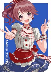 1girl bead_necklace beads blue_skirt bow bow_earrings brown_eyes brown_hair character_name collarbone double_v earrings hair_bow highres idolmaster idolmaster_cinderella_girls illustscody jewelry necklace open_mouth polka_dot polka_dot_bow ponytail puffy_short_sleeves puffy_sleeves red_bow red_overskirt shiina_noriko shirt short_sleeves skirt smile solo v white_shirt wrist_cuffs