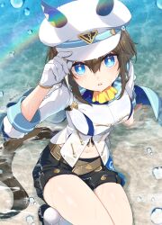 1girl animal_ears arm_up ascot black_shorts blue_eyes breasts brown_hair cheval_grand_(umamusume) commentary_request day ears_through_headwear hair_between_eyes hand_on_headwear hat horse_ears horse_girl horse_tail jacket koruri looking_at_viewer medium_breasts navel outdoors parted_lips peaked_cap rainbow shallow_water shoes short_shorts shorts solo tail umamusume water water_drop wet white_hat white_jacket white_shoes yellow_ascot