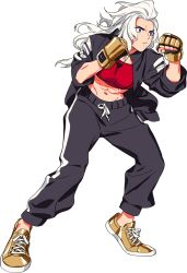 1girl abs artist_request black_jacket black_pants black_track_suit breasts crop_top double_dragon fingerless_gloves gloves jacket long_hair marian_kelly midriff muscular muscular_female navel official_art open_clothes open_jacket padded_gloves pants red_sports_bra river_city_girls_2 shoes sneakers solo sports_bra track_pants track_suit white_hair