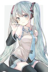 1girl aqua_eyes aqua_hair bare_shoulders between_fingers black_skirt black_sleeves black_thighhighs blue_nails blue_necktie blush breasts closed_mouth commentary detached_sleeves double-parted_bangs fingernails foot_out_of_frame frilled_shirt frilled_shirt_collar frills hair_between_eyes hair_ornament hatsune_miku headset highres holding holding_microphone long_hair long_sleeves looking_at_viewer microphone miniskirt nail_polish necktie pleated_skirt shirt sitting skirt sleeveless sleeveless_shirt small_breasts smile solo tententuyu thighhighs tie_clip twintails very_long_hair vocaloid wariza zettai_ryouiki