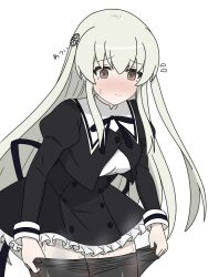 1girl assault_lily black_pantyhose black_ribbon black_skirt blush breasts brown_eyes buttons closed_mouth clothes_pull cropped_jacket egawa_kusumi flower flying_sweatdrops frilled_skirt frills grey_hair hair_between_eyes hair_flower hair_ornament high-waist_skirt highres hot juliet_sleeves kimassi leaning_forward long_hair long_sleeves looking_ahead medium_breasts miniskirt neck_ribbon nose_blush pantyhose pantyhose_pull puffy_sleeves pulling_own_clothes raised_eyebrows ribbon school_uniform sidelocks simple_background skirt solo standing steaming_body sweat translated very_long_hair white_background yurigaoka_girls_academy_school_uniform
