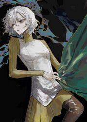 Rule 34 | 1boy, bags under eyes, black background, black eyes, boots, cape, dungeon meshi, elf, gorget, green cape, grey hair, highres, holding, holding unworn cape, holding unworn clothes, lazy eye, long sleeves, looking to the side, male focus, mithrun, notched ear, pointy ears, postal mark (tsu qq), shirt, short hair, solo, thigh boots, tunic, uneven eyes, unworn cape, wavy hair