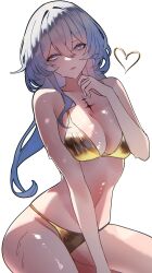 1girl bare_shoulders bikini blue_eyes blue_hair breasts collarbone commentary english_commentary gold_bikini golden_week_bikini hair_between_eyes hand_up highres large_breasts long_hair looking_at_viewer navel sanya_(sanya_lox228) shorekeeper_(wuthering_waves) simple_background sitting solo stomach swimsuit tacet_mark_(wuthering_waves) thighs wet white_background wuthering_waves
