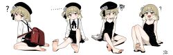... 1girl ? absurdres artist_name backpack bag bare_arms bare_shoulders barefoot beret black_dress black_nails black_ribbon black_skirt blonde_hair blush brown_eyes commentary dress feet flower from_side hair_flower hair_ornament hair_ribbon hat hatoba_tsugu highres knees_up leaning_forward multiple_expressions nail_polish neck_ribbon panties randoseru reference_sheet ribbon rose sally_v_frank shirt signature simple_background sitting skirt soles solo squiggle suspender_skirt suspenders sweatdrop toenail_polish toenails toes tsugu_(vtuber) underwear wariza white_background white_flower white_panties white_rose white_shirt