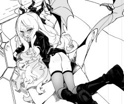 1girl ahoge ass bat_wings blue_archive blush boots bottomless couch cropped curled_horns cushion demon_horns demon_wings dorontabi drooling fluffy_hair foot_out_of_frame from_above gloves greyscale half_gloves hina_(blue_archive) horns jacket knee_boots long_hair long_sleeves looking_at_viewer low_wings lying monochrome multiple_horns no_hair_ornament nose_blush on_couch on_side open_mouth parted_bangs saliva shiny_skin shoe_soles sidelocks solo sweat thighhighs white_background wings