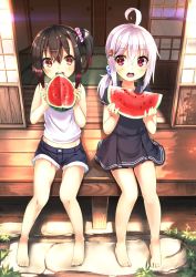 2girls :o aged_down ahoge bare_legs barefoot bear_hair_ornament black_dress child dappled_sunlight dress eating eyebrows feet food from_above from_front from_outside fruit full_body hair_between_eyes hair_bobbles hair_ornament hairclip highres holding holding_food holding_fruit holding_watermelon leaf looking_at_another low_ponytail midriff_peek mirai_(miraichizu) multiple_girls open_mouth original outdoors ponytail porch red_eyes round_teeth sailor_dress school_uniform setsuna_(miraichizu) shirono_mirai shirt short_dress short_sleeves shorts shouji side-by-side side_ponytail sidelocks silver_hair sitting skirt sleeveless sleeveless_shirt sliding_doors summer sunlight tank_top tatami teeth toes veranda watermelon white_shirt you&#039;re_doing_it_wrong zero_(miraichizu)