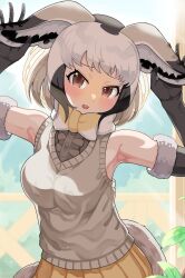Rule 34 | 1girl, animal ears, armpits, arms up, bat-eared fox (kemono friends), blush, bow, bowtie, brown eyes, cardigan, elbow gloves, extra ears, fox ears, fox girl, fox tail, gloves, grey hair, highres, kedama (ughugjydthjdf), kemono friends, kemono friends 3, looking at viewer, shirt, short hair, skirt, sleeveless, sleeveless shirt, solo, tail