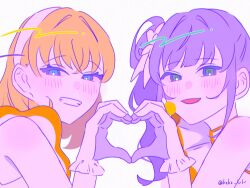 2girls :d blue_eyes blush cerise_bouquet commentary_request flower green_eyes hair_bun hair_flower hair_intakes hair_ornament hairband heart heart_hands heart_hands_duo hinoshita_kaho kzkz_lvlv link!_like!_love_live! looking_at_viewer love_live! medium_hair multiple_girls open_mouth orange_hair otomune_kozue pink_flower side_ponytail simple_background single_bare_shoulder single_side_bun smile suisai_sekai twitter_username virtual_youtuber white_background white_hairband