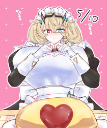 ? apron barghest_(fate) barghest_(swimsuit_archer)_(fate) barghest_(swimsuit_archer)_(second_ascension)_(fate) blonde_hair breasts fate/grand_order fate_(series) food gigantic_breasts gloves green_eyes heart heart_hands heterochromia highres horns maid maid_apron maid_day maid_headdress omelet red_eyes souki3123 white_gloves