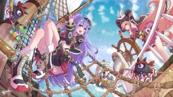 2girls ahoge black_hat black_jacket boots broom cloud commission dated eepy_sleepy feathers gun hat hat_feather highres holding holding_broom holding_gun holding_weapon jacket long_hair mariebell multiple_girls ocean open_clothes open_jacket phase_connect pink_eyes pink_hair pink_skirt pirate_hat pirate_ship purple_eyes purple_hair rigging runie_ruse ship&#039;s_wheel signature skirt sky vgen_commission virtual_youtuber weapon white_feathers