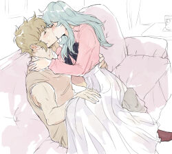1boy 1girl adapted_costume alternate_costume bare_shoulders black_ribbon blonde_hair blue_hair casual closed_eyes couch genderswap genderswap_(mtf) hand_on_another&#039;s_back hand_on_another&#039;s_cheek hand_on_another&#039;s_face hand_on_another&#039;s_lap hetero kiss leo_aiolia long_hair long_skirt long_sleeves mole mole_under_eye neck_ribbon on_couch pink_shirt pisces_aphrodite ribbon saint_seiya shirt short_hair sititn sitting sitting_on_lap sitting_on_person skirt sleeveless user_wxuf7532 white_skirt