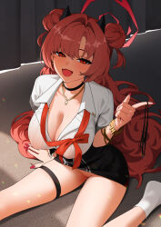 1girl black_horns blue_archive blush bracelet breasts cleavage cleft_of_venus clothes_lift double_bun dress dress_lift ett fake_nails flashing gold_necklace gyaru hair_bun halo highres holding holding_panties holding_underwear holding_unworn_clothes horn_hairband horns jewelry kirara_(blue_archive) large_breasts necklace no_bra panties pink_hair pink_halo pink_nails pussy red_eyes ribbon school_uniform smile socks solo thick_thighs thigh_strap thighs underwear unworn_panties wristband
