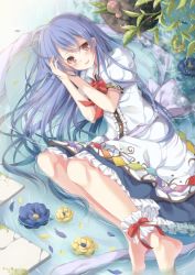 1girl ankle_garter barefoot blue_hair blush dress erika_(ym0311) female_focus flower food frilled_skirt frills fruit hands_in_hair hat hinanawi_tenshi in_water layered_dress leaf long_hair looking_at_viewer lying on_side parted_lips peach puffy_short_sleeves puffy_sleeves red_eyes short_sleeves skirt solo touhou unworn_hat unworn_headwear