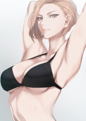 1girl armpits arms_behind_head arms_up black_bra blonde_hair bra breasts cleavage closed_mouth collarbone commentary erise expressionless eyelashes from_side gradient_background grey_background highres large_breasts linea_alba long_bangs looking_at_viewer loosely_tucked_bangs mature_female original short_hair solo toned toned_female underboob underwear underwear_only upper_body v-shaped_eyebrows yellow_eyes