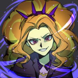 1girl adagio_dazzle adagio_dazzle_(human) black_jacket blonde_hair chinese_commentary collared_jacket collared_shirt colored_skin commentary_request curly_hair curtained_hair deadbirdorzcr furrowed_brow grey_background grin hair_behind_ear hairband head_tilt high_ponytail highres jacket light_particles long_hair looking_at_viewer multicolored_hair my_little_pony my_little_pony:_equestria_girls my_little_pony:_friendship_is_magic open_clothes open_jacket orange_hair parted_bangs pink_eyes pink_shirt ponytail portrait purple_hairband sharp_teeth shirt simple_background smile solo spiked_hairband spikes straight-on streaked_hair teeth tsurime two-tone_hair v-shaped_eyebrows vignetting yellow_skin