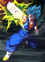 Rule 34 | 1boy, blue eyes, blue hair, boots, commentary request, dragon ball, dragon ball super, earrings, energy sword, foreshortening, gloves, jewelry, male focus, muscular, muscular male, on one knee, potara earrings, rom (20), smile, solo, super saiyan, super saiyan blue, sword, vegetto, weapon, white boots, white gloves, wind