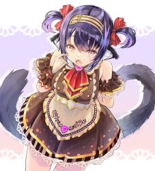Rule 34 | 1girl, animal ears, apron, arm garter, arms behind back, ascot, bare shoulders, black hair, blush, breasts, brown apron, brown dress, buttons, cat ears, cat girl, colored inner hair, commentary request, cosplay, cowboy shot, crop top, detached collar, double-breasted, dress, fang, frilled wrist cuffs, frills, gloves, hairband, heart, heart-shaped pupils, highres, kiyama satoshi, kuroike momimi, large breasts, leaning forward, looking at viewer, mihono bourbon (code:glassage) (umamusume), mihono bourbon (umamusume), mihono bourbon (umamusume) (cosplay), multicolored hair, open mouth, parted hair, purple hair, red ascot, short dress, short twintails, sleeveless, sleeveless dress, solo, symbol-shaped pupils, twintails, umamusume, virtual youtuber, waist apron, white gloves, wide hips, wrist cuffs, yellow eyes