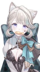 1girl animal_ear_fluff animal_ears anninufufu aqua_bow black_leotard bow breasts cat_ears cat_girl cleavage commentary cracker facial_mark food food_in_mouth genshin_impact highres huge_bow leotard long_sleeves lynette_(genshin_impact) medium_breasts simple_background solo star_(symbol) star_facial_mark symbol-only_commentary upper_body white_background