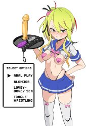 absurdres anal_beads blonde_hair blue_skirt blush breasts carrying covered_erect_nipples deathpolca demons_roots dildo english_text green_eyes hand_on_own_hip heart_pasties high-waist_pants highres looking_at_viewer medium_breasts medium_hair navel pants pasties pleated_skirt ribbon sailor_collar school_uniform seductive_smile serafuku sex_toy short_sleeves simple_background skirt smile thighhighs tray verseir_001 vibrator white_background white_thighhighs