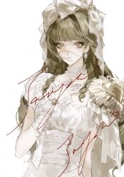 Rule 34 | 1girl, bandaged hand, bandages, brown hair, capekachuu, closed mouth, corset, dress, earrings, hand on own chest, highres, jewelry, long hair, original, puffy short sleeves, puffy sleeves, red eyes, sample watermark, scar, scar on face, short sleeves, simple background, solo, upper body, veil, watermark, white background, white corset, white dress, white veil