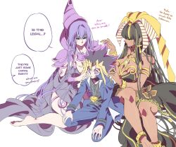 Rule 34 | 1boy, 2girls, black dress, black hair, black shirt, blonde hair, blue jacket, breasts, chain, cleavage, dark-skinned female, dark magician, dark skin, dress, duel monster, exodia the forbidden one, genderswap, genderswap (mtf), group picture, hat, highres, jacket, large breasts, long hair, medium hair, millennium puzzle, multicolored hair, multiple girls, muto yugi, purple eyes, purple hair, purple hat, shirt, simple background, spiked hair, white background, yu-gi-oh!, yu-gi-oh! duel monsters, zackpyo