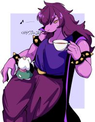 1boy 1girl armlet bracelet buckle colored_skin cup deltarune fingernails furry furry_female goat_boy heart heart-shaped_buckle highres holding holding_cup jewelry mini_person miniboy miz7xf purple_hair purple_skin ralsei reptile_girl sharp_fingernails smile spiked_armlet spiked_bracelet spikes susie_(dark_world)_(deltarune) susie_(deltarune) teacup