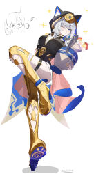 &gt;_&lt; 2girls absurdres animal_ears animal_hood black_leotard blue_eyes boots breasts cat_ears cat_girl cat_hood cipher_(honkai:_star_rail) commentary gold_boots grey_hair highres holding holding_jar honkai:_star_rail honkai_(series) hood jar large_breasts leotard multiple_girls one_eye_closed short_hair_with_long_locks simple_background standing standing_on_one_leg star_rail_special_pass_(honkai:_star_rail) thigh_boots thighs voi_271 white_background