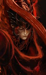 1boy absurdres animal black_background closed_mouth commentary elden_ring elden_ring:_shadow_of_the_erdtree embers floating_embers hashtag-only_commentary helmet highres kekmochi looking_down male_focus messmer_the_impaler red_shawl red_snake shawl slit_pupils snake solo upper_body winged_helmet yellow_eyes
