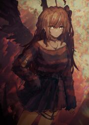 1girl absurdres ahoge antsplorer belt belt_chain bird_girl bird_wings black_skirt black_sweater brown_eyes brown_hair choker chromatic_aberration commentary emo_fashion frilled_choker frills from_above heart heart_choker highres hololive hololive_english horror_(theme) huge_ahoge jewelry long_hair looking_at_viewer multicolored_hair nanashi_mumei nanashi_mumei_(emo) necklace o-ring o-ring_thigh_strap official_alternate_costume official_alternate_hairstyle one_side_up plaid_clothes plaid_skirt pleated_skirt red_sweater skirt streaked_hair striped_clothes striped_sweater sweater sweater_tucked_in thigh_strap torn_clothes torn_sleeves torn_sweater two-tone_sweater very_long_hair virtual_youtuber wings x_x
