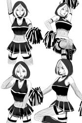 1girl bare_shoulders black_lips breasts cheering cheerleader choker colored_bangs commentary commission cowboy_shot cross_tie detached_sleeves english_commentary facing_viewer feet_out_of_frame fishnet_leotard fishnet_sleeves fishnet_thighhighs fishnets garter_belt gloves goth_fashion greyscale hair_between_eyes large_breasts leotard looking_at_viewer marvel medium_hair midriff miniskirt monochrome multicolored_hair multiple_views navel pendant_choker pom_pom_(cheerleading) rogue_(x-men) skirt solo solphel thighhighs two-tone_hair white_background x-men x-men_evolution