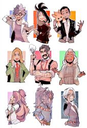 4girls 5boys absurdres black-framed_eyewear black_hair black_jacket bowl clavell_(pokemon) closed_eyes coat collared_shirt commentary_request dark-skinned_female dark_skin dendra_(pokemon) facial_hair fingerless_gloves glasses gloves green_jacket half_updo hassel_(pokemon) highres holding holding_bowl holding_whisk jacket jacq_(pokemon) knn32m long_hair miriam_(pokemon) multiple_boys multiple_girls necktie nintendo open_clothes open_coat open_jacket open_mouth pawmi poke_ball pokemon pokemon_(creature) pokemon_sv ponytail premier_ball purple_hair raifort_(pokemon) round_eyewear saguaro_(pokemon) salvatore_(pokemon) shirt striped_clothes striped_shirt suspenders tyme_(pokemon) vest whisk white_hair