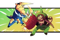 alternate_color armor chesnaught creatures_(company) dual_wielding facial_hair fur game_freak gen_5_pokemon gen_6_pokemon grey_background helmet highres holding holding_weapon nintendo no_humans pokemon samurott seashell shell shield shield_module shiny_pokemon spikes sword tail taplaos warrior weapon whiskers