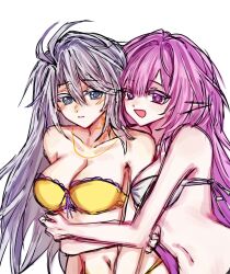 Rule 34 | 2girls, ahoge, bare shoulders, bei meng wu nanie, bikini, blue eyes, breasts, chinese commentary, cleavage, commentary request, cyrene (honkai: star rail), diamond-shaped pupils, diamond (shape), genderswap, genderswap (mtf), gold tattoo, highres, honkai: star rail, honkai (series), hug, large breasts, long hair, multiple girls, navel, neck tattoo, open mouth, phainon (honkai: star rail), pink hair, pointy ears, purple eyes, simple background, stomach, swimsuit, symbol-shaped pupils, tattoo, very long hair, white background, white bikini, white hair, yellow bikini