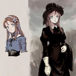 Rule 34 | 1girl, abstract background, alternate costume, arm at side, black dress, black hat, black ribbon, blue eyes, blue shirt, brown hair, closed mouth, collared dress, collared shirt, corset, cowboy shot, cropped torso, dress, flower, flower hairband, furusawa yoriko, glasses, gloves, grey background, hairband, hat, highres, idolmaster, idolmaster cinderella girls, imay3927, juliet sleeves, long hair, long sleeves, looking at viewer, multiple views, neck ribbon, open mouth, painterly, pince-nez, puffy sleeves, ribbon, round eyewear, shirt, sidelocks, smile, standing, top hat, white flower, white gloves, white hairband