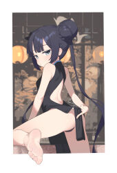 1girl absurdres arched_back arm_behind_back armpit_crease ass back_cutout bare_legs bare_shoulders barefoot biluoyao black_dress black_hair black_panties blue_archive blunt_bangs blurry blurry_background blush breasts china_dress chinese_clothes clothing_cutout dress feet from_behind grey_eyes hair_bun hair_ornament highres indoors kisaki_(blue_archive) legs loli long_hair looking_at_viewer looking_back panties partially_visible_vulva pelvic_curtain shirt sidelocks sleeveless sleeveless_shirt small_breasts soles solo thighs toes twintails underwear very_long_hair