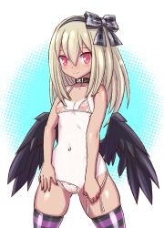 bikini black_hairband black_ribbon black_wings blonde_hair cameltoe clothing_aside dark_feather_alma embarrassed emil_chronicle_online hairband highres looking_at_viewer navel nipples purple_thighhighs raised_inner_eyebrows red_eyes ribbon see-through_bikini see-through_clothes serizawa_(knight2020) striped_clothes striped_thighhighs swimsuit swimsuit_aside tan tanline thighhighs wings