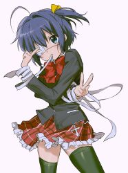 1girl ahoge bandaged_wrist bandages black_jacket black_thighhighs blazer blue_eyes blue_hair bow bowtie chuunibyou_demo_koi_ga_shitai! cowboy_shot crossed_arms deezydays double_v expressionless eyepatch frilled_skirt frills hair_ribbon highres jacket looking_at_viewer medical_eyepatch miniskirt one_side_up plaid_clothes plaid_skirt pleated_skirt red_bow red_bowtie red_skirt ribbon school_uniform short_sleeves simple_background skirt solo takanashi_rikka thighhighs v white_background