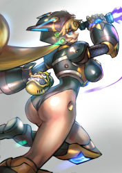 1girl android ass blonde_hair blue_eyes breasts commentary energy_blade english_commentary from_behind highres holding holding_weapon jumping large_breasts leg_up long_hair marino_(mega_man) mega_man_(series) mega_man_x:_command_mission mega_man_x_(series) minster_(dooke) open_mouth simple_background solo weapon