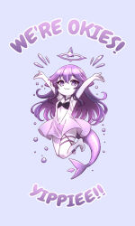 Rule 34 | 1girl, :3, absurdres, arms up, bubble, closed mouth, colored skin, commentary, english commentary, english text, eyelashes, fins, fish tail, full body, grey background, grey skin, halo, highres, indie virtual youtuber, long hair, megalodon (vtuber), nythlinvt, purple eyes, purple hair, shark girl, shark tail, simple background, smile, solo, tail, virtual youtuber