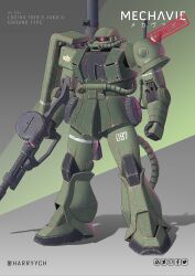 Rule 34 | artstation logo, character name, clenched hand, commentary, commission, deviantart logo, english commentary, facebook logo, full body, gun, gundam, harryych, highres, holding, holding gun, holding weapon, lightning bolt symbol, mecha, mobile suit, mobile suit gundam, no humans, one-eyed, pixiv logo, red eyes, robot, science fiction, shadow, solo, twitter logo, twitter username, weapon, zaku ii, zeon