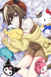 1girl animal_ears blue_eyes bow brown_hair brown_hat brown_shirt brown_shorts cheval_grand_(umamusume) cinnamoroll fuwa_fuwa_cinnamoroll hangyodon hat hello_kitty_(character) highres horse_ears horse_girl horse_tail jacket kuromi kuroneko86 lying multicolored_hair my_melody on_side onegai_my_melody pillow plaid_clothes plaid_shirt pompompurin red_bow sailor_hat sanrio shirt shorts streaked_hair stuffed_toy tail umamusume yellow_jacket