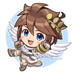 1boy :d ahoge androgynous angel angel_wings armlet artist_name belt bike_shorts_under_skirt blue_background bracer brown_belt brown_hair chibi commentary_request fingerless_gloves full_body fur-trimmed_sandals gloves gold_armlet gold_thighlet hair_between_eyes hand_up jewelry kid_icarus kid_icarus_uprising laurel_crown male_focus nintendo open_mouth pit_(kid_icarus) scarf smile solo spiked_hair suruga_kanade thighlet twitter_username white_scarf white_wings wings