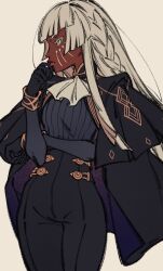 1girl ascot atlus black_gloves black_pants blunt_bangs braid brigitta_(metaphor:_refantazio) cloverxiv coat coat_on_shoulders colored_eyelashes crossed_arms dark-skinned_female dark_skin facial_mark gloves grey_eyes hand_on_own_face high-waist_pants highres long_hair looking_to_the_side metaphor:_refantazio pants patterned_clothing shirt sidelocks solo very_dark_skin white_ascot white_background white_eyelashes white_eyes white_hair
